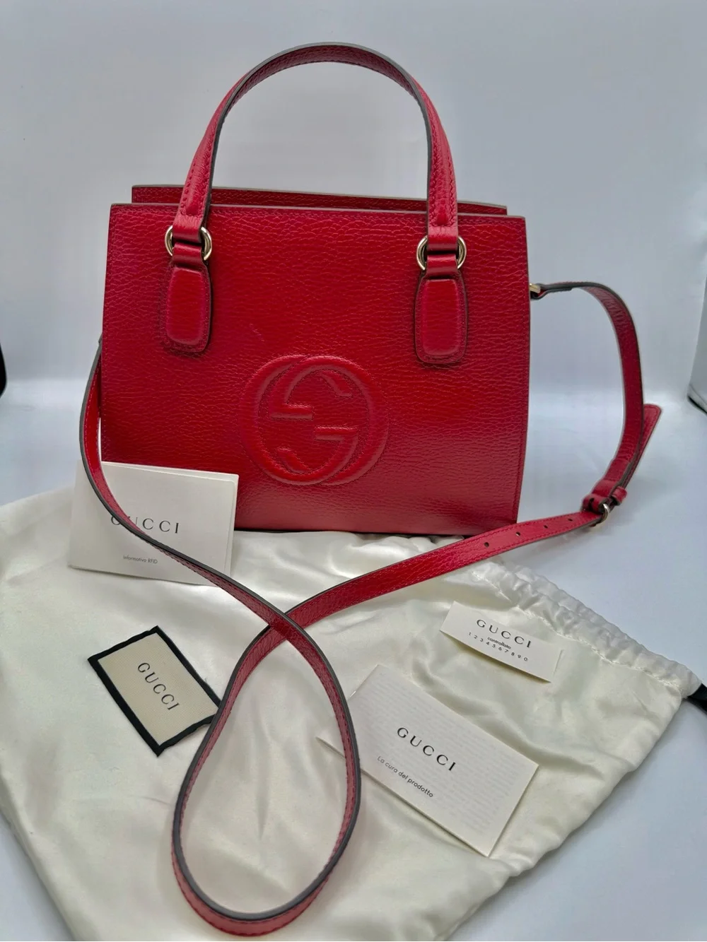 GUCCI Dollar Calfskin Medium Soho Top Handle Satchel Hibiscus Red
